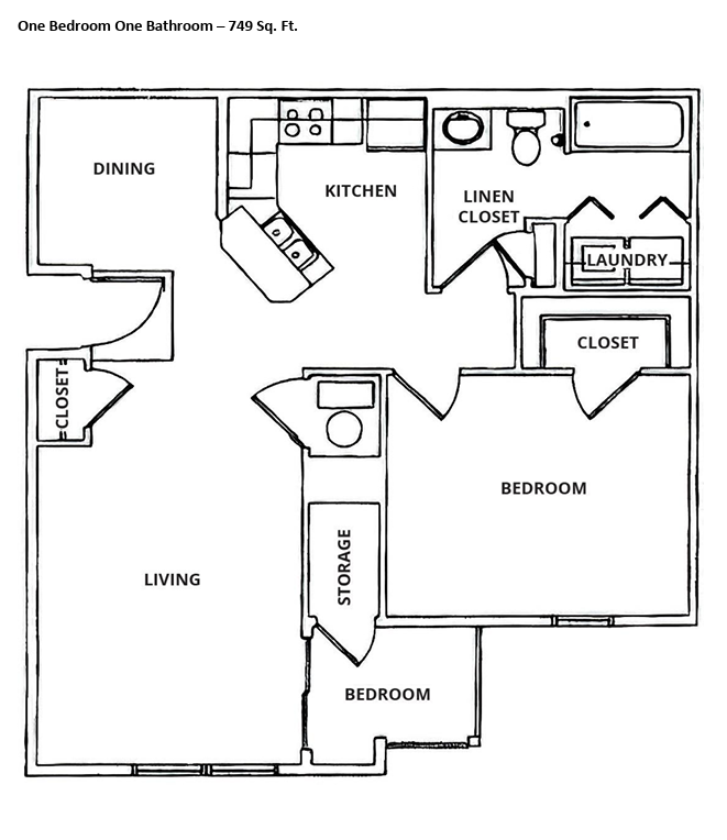 Floor plan for 1 bed, 1 bath, 749 sqft